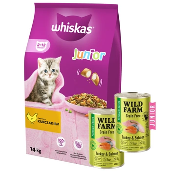 WHISKAS Junior chicken 14kg + WILD FARM Premium Grain Free Turkey and Salmon Junior 2x400g