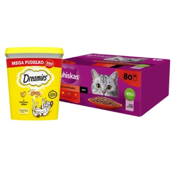 Whiskas klasický výběr ve šťávě pro dospělé kočky 80 x 85 g & DREAMIES Mega Box 350 g - doplnkové krmivo pre dospelé mačky s lahodným syrom