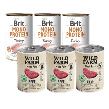 BRIT Mono Protein Turkey 3x400g & WILD FARM Hovädzia paštéta 3x400g bezlepkové krmivo pre psov