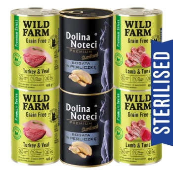 WILD FARM Premium Grain Free + Dolina Noteci 6x400g - krmivo bez obilnín pre sterilizované mačky
