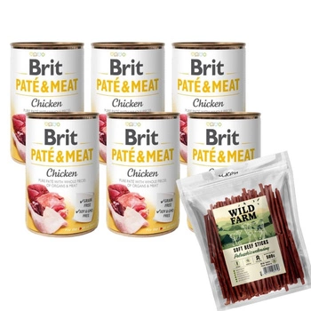 BRIT PATE & MEAT CHICKEN 6x400g & Hovädzie tyčinky WILD FARM 500g psia maškrta