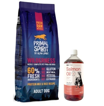 Primal Spirit Dog 60% Wilderness 12 kg & LAB V Lososový olej pre psy a mačky 1000ml