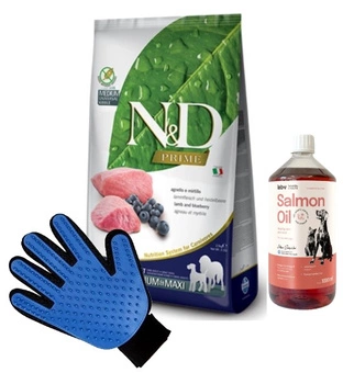 FARMINA N&D Prime canine LAMB & BLUEBERRY ADULT MEDIUM & MAXI 12kg & LAB V Lososový olej pre psov a mačky 1000ml + Rukavica na česanie srsti psov a mačiek ZADARMO!