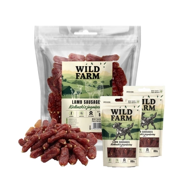 Jahňacie klobásy WILD FARM 500g psia maškrta & WILD FARM králičie prúžky 2x80g psia maškrta