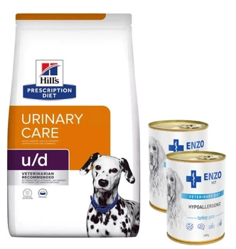 HILL'S PD Prescription Diet Canine u/d Urinary Care 10kg & ENZO VET Hypoalergénne hypoalergénne krmivo s morkou pre psov 2x400g