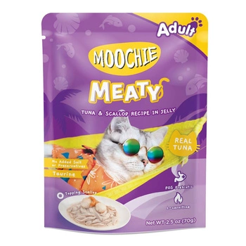 MOOCHIE Tuniak a mušle v želé 70g mokré krmivo pre mačky (tuniak a mušle v želé)