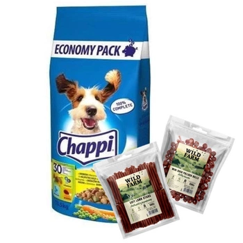 CHAPPI 13,5 kg - suché krmivo pre psov s hydinou a zeleninou + WILD FARM 2x500g psie maškrty, ZMES PRÍCHUTÍ