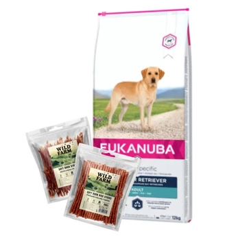 EUKANUBA Dospelý labradorský retriever 12kg & WILD FARM 2x500g psie maškrty
