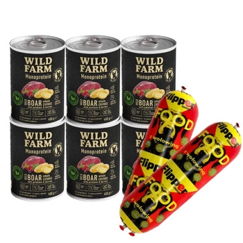 Wild Farm Monoprotein Wild Boar 6x400g hypoalergénne krmivo pre psov & DOLINA NOTECI FLIPPER Klasické s hovädzím mäsom pre psov 2x900g