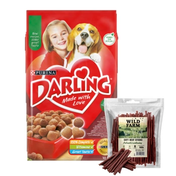 PURINA Darling s lahodnou zmesou hovädzieho a kuracieho mäsa 10 kg + Hovädzie tyčinky WILD FARM 500g psia maškrta