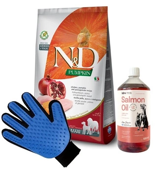 Farmina N&D Pumpkin Grain Free canine CHICKEN AND POMEGRANATE ADULT MEDIUM & MAXI 12kg & LAB V Lososový olej pre psov a mačky 1000ml + Rukavica na česanie srsti psov a mačiek ZADARMO!