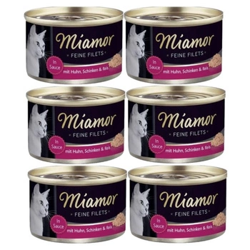 Miamor Feine Filets in želé - mokré krmivo pre mačky s kuracím mäsom, šunkou a ryžou 6x100g konzerva