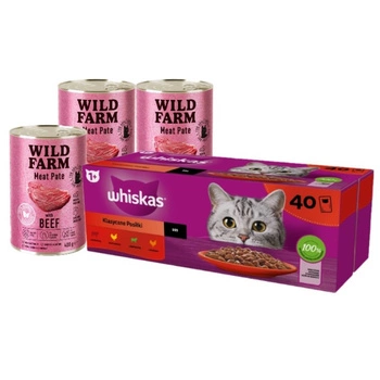 WHISKAS klasický výber v šťave pre dospelé mačky 40x85g & WILD FARM Paštéta s hovädzím mäsom 3x400g - bezlepkové krmivo pre mačky