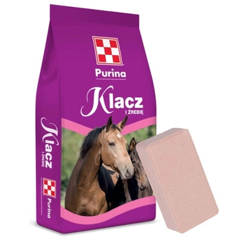 Kobyla a žriebä Purina 25 kg & Kerbl Delizia kamenná soľ na lizovanie pre kone, balenie 4 x 2 kg