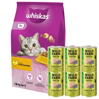 Whiskas s kuracím mäsom 14 kg + WILD FARM Premium Grain Free Chicken and Sprats 6x400g