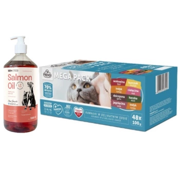 Frendi sáčky pre mačky s mäsovou príchuťou v omáčke 48x100g & Lab-v Lososový olej 1000 ml