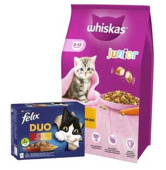 WHISKAS Junior chicken 14kg & FELIX Duo vidiecke príchute v želé 12x85g