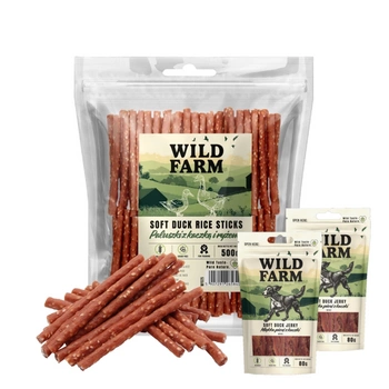 WILD FARM kačacie a ryžové tyčinky 500g pochúťka pre psa & WILD FARM mäkké kuracie prasa 2x80g pochúťka pre psa
