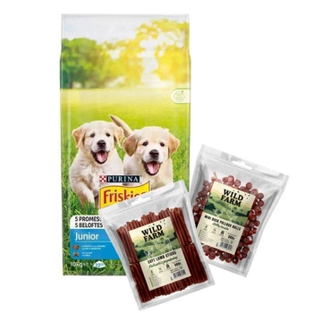 PURINA Friskies Junior 15kg + WILD FARM 2x500g psie maškrty, ZMES PRÍCHUTÍ