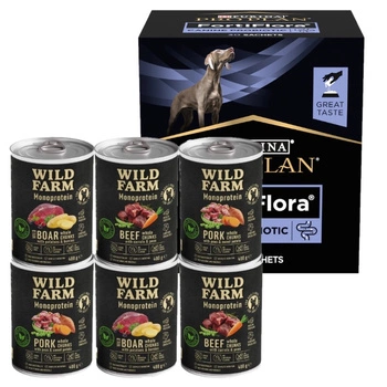 WILD FARM Monoproteínová zmes príchutí 6x400g hypoalergénne krmivo pre psov & PRO PLAN FortiFlora probiotický doplnok pre psov 30x1g