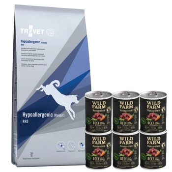 TROVET RRD Hypoallergenic - Rich in Rabbit (pre psov) 10 kg & Hypoalergénne krmivo pre psov Wild Farm Monoprotein Beef 6x400g
