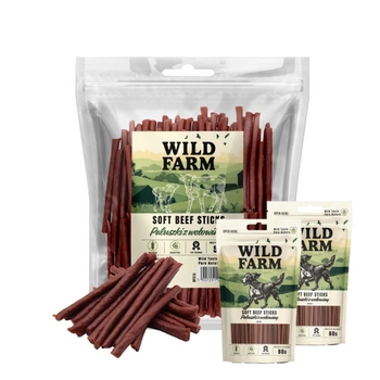Hovädzie tyčinky WILD FARM 500g psia maškrta & WILD FARM mäkké kuracie prasa 2x80g pochúťka pre psa