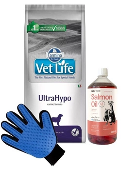 FARMINA Vet Life Dog Ultrahypo 12kg & LAB V Lososový olej pre psov a mačky 1000ml + Rukavica na česanie srsti psov a mačiek ZADARMO!