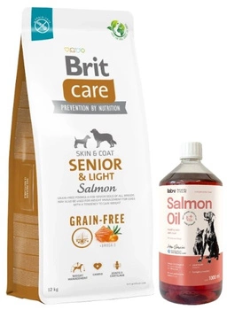 BRIT CARE Dog Grain-free Senior & Light Salmon 12kg & LAB V Lososový olej pre psov a mačky 1000ml