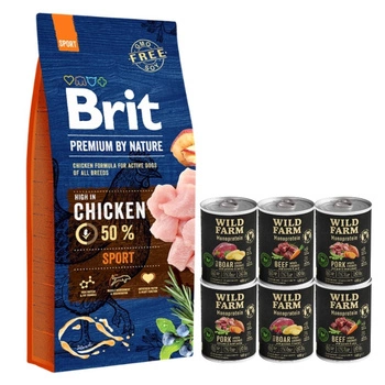 BRIT Premium By Nature Sport 15kg & WILD FARM Monoproteínová zmes príchutí 6x400g hypoalergénne krmivo pre psov