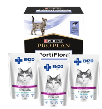 Purina VD Feline FortiFlora 30 x 1 g +3xENZO VET Sterilizované teľacie mäso v omáčke 100g