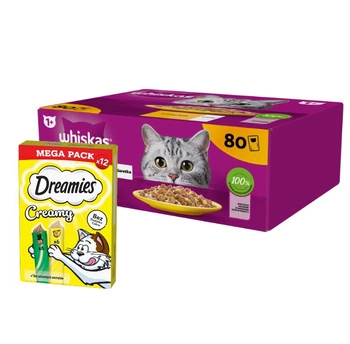 WHISKAS Adult sáčok 80 x 85 g Hydinové kúsky - vlhké krmivo pre dospelé mačky v želé (kúsky s: kuracím, kačacím, hydinovým, morčacím mäsom) & DREAMIES Krémové so syrom a šantou kocúrnickou 12x10g