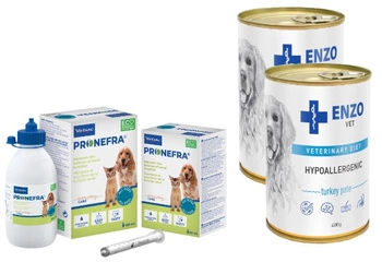 Virbac Pronefra 180ml & ENZO VET Hypoalergénne hypoalergénne krmivo s morkou pre psov 2x400g