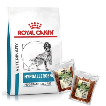Royal Canin Veterinary Health Nutrition Dog Hypoallergenic Moderate Calorie 14 kg & WILD FARM 2x500g maškrty pre psov
