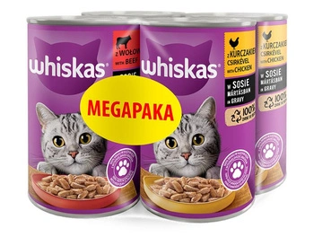WHISKAS Adult CAN 4X400G – mokré krmivo pre mačky v omáčke (2x S KURACÍM MÄSOM, 2x S HOVÄDZÍM MÄSOM)