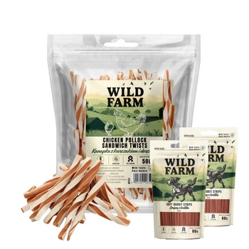 WILD FARM sendvič s kuracím mäsom a treskou 500g pre psa & WILD FARM králičie prúžky 2x80g psia maškrta