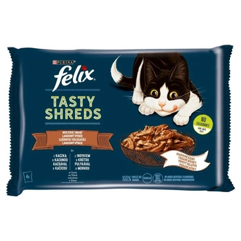 FELIX Tasty Shreds mokré krmivo pre mačky s kačacím a morčacím mäsom v omáčke 4x80g