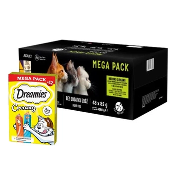 Mokré krmivo PetRepublic pre mačky, kúsky v jemnej omáčke, MIX mäsových a rybích príchutí, 48x85g & DREAMIES Krémové s kuracím mäsom a lososom 12x10g