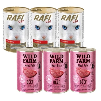RAFI Kúsky pre mačky s hovädzím mäsom v omáčke - konzerva 3x415g & WILD FARM Paštéta s hovädzím mäsom 3x400g - bezlepkové krmivo pre mačky