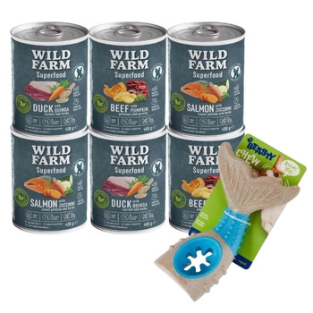 WILD FARM Superfood Mix Flavours 6x400g Krmivo pre psov bez obilnín & Žuvacia hračka pre psov - kosť 18 cm (náhodný vzor)