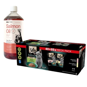 SHEBA Kitten príchuť balenie 40x85 g - kompletné vlhké krmivo pre mačiatka v omáčke (rezy s: losos, kura) & LAB V Lososový olej pre psov a mačky 1000ml