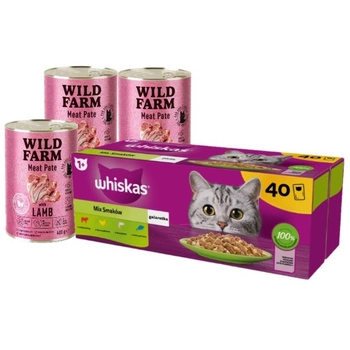 WHISKAS mixovaný výber v želé 40 x 85 g & WILD FARM Paštéta s jahňacím mäsom 3x400g - bezlepkové krmivo pre mačky