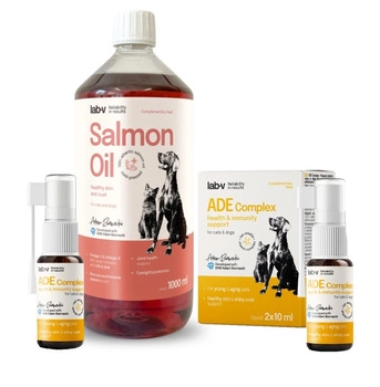 Lab-v ADE Complex – Komplex vitamínov A, D a E vo forme spreja pre psov a mačky 2 x 10 ml & Lab-V lososový olej 100% pre psov a mačky všetkých vekových kategórií 1000 ml lisovaný za studena