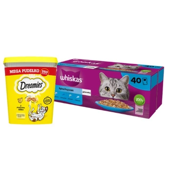 WHISKAS Adult sáčky 40 x 85 g Fishy Treats - vlhké krmivo pre dospelé mačky v želé (kúsky s: lososom, tuniakom, treskou, bielou rybou) & DREAMIES Mega Box 350 g - doplnkové krmivo pre dospelé mačky s lahodným syrom
