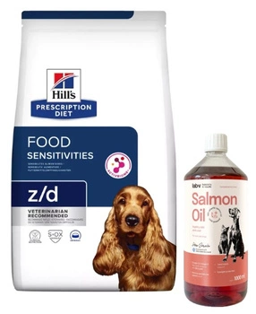 HILL'S PD Prescription Diet Canine z/d Food Sensitivities 10kg & LAB V Lososový olej pre psov a mačky 1000ml