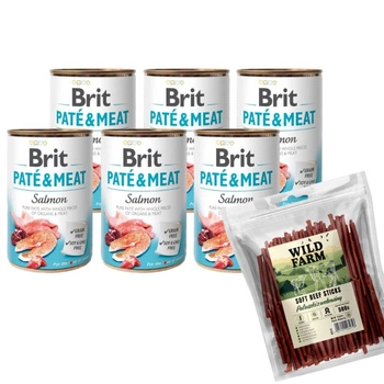 BRIT PATE & MEAT SALMON 6x400g & Hovädzie tyčinky WILD FARM 500g psia maškrta