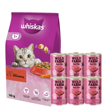 Whiskas Adult s hovädzím mäsom 14 kg + WILD FARM Pate Beef 6x400g