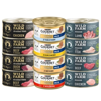 Purina Gourmet Gold pena + WILD FARM Mix príchutí 8x85g + 4x70g