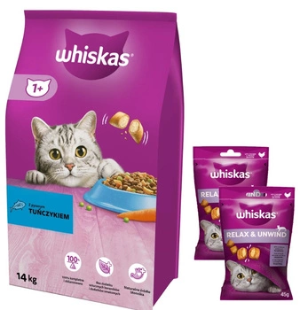 Whiskas granule s tuniakom 14 kg + WHISKAS Relax & Relieve 2x45g pochúťka pre mačky, s kuracím mäsom Zdarma!