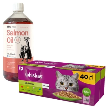 WHISKAS mixovaný výber v želé 40 x 85 g & LAB V Lososový olej pre psov a mačky 1000ml