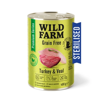 WILD FARM Prémiové krmivo bez obilnín s morčacím a teľacím mäsom 400 g - krmivo bez obilnín pre sterilizované mačky